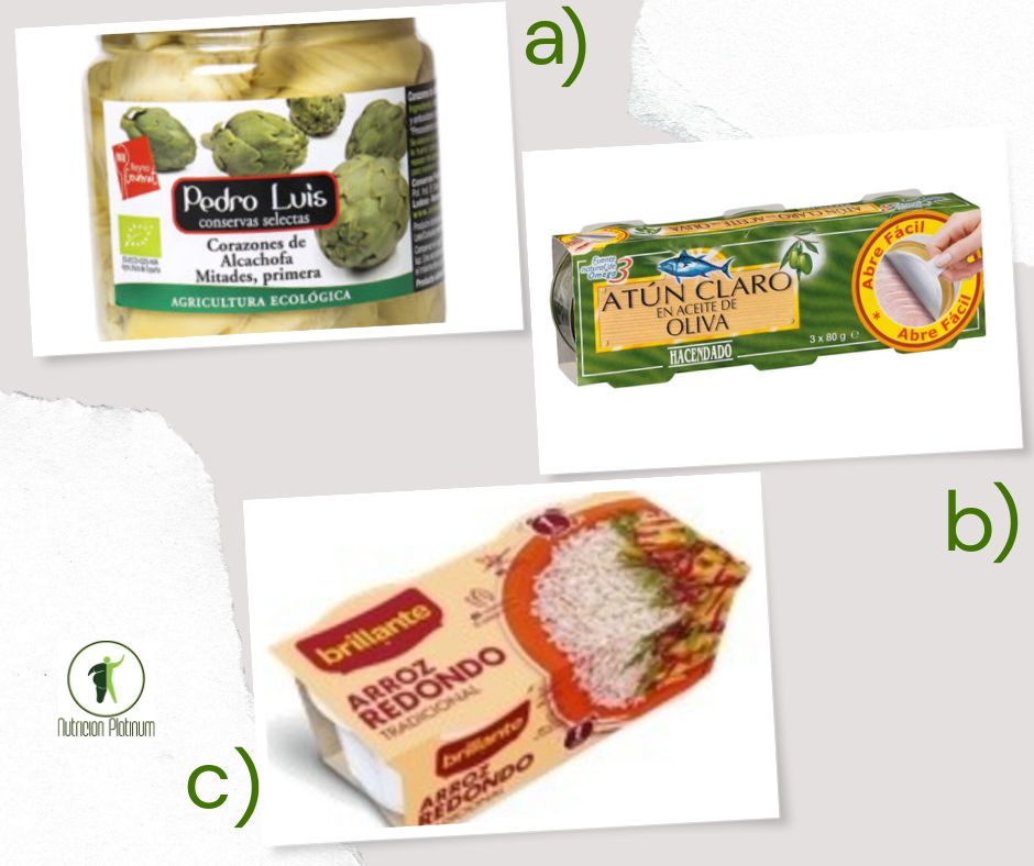 Alcachofas en conserva con atún y 1 vasito de arroz.